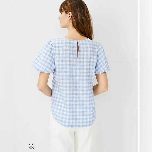 Ann Taylor Gingham Bubble Sleeve Top in blue and white check seersucker blouse - Picture 3 of 11